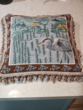 Heron Tapestry Accent Pillow Cover in Brown and Green